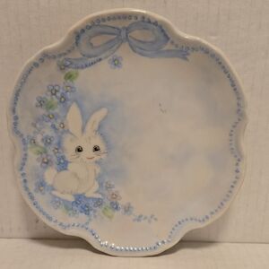 Beautiful Hand Painted Bunny with Blue Flowers Plate